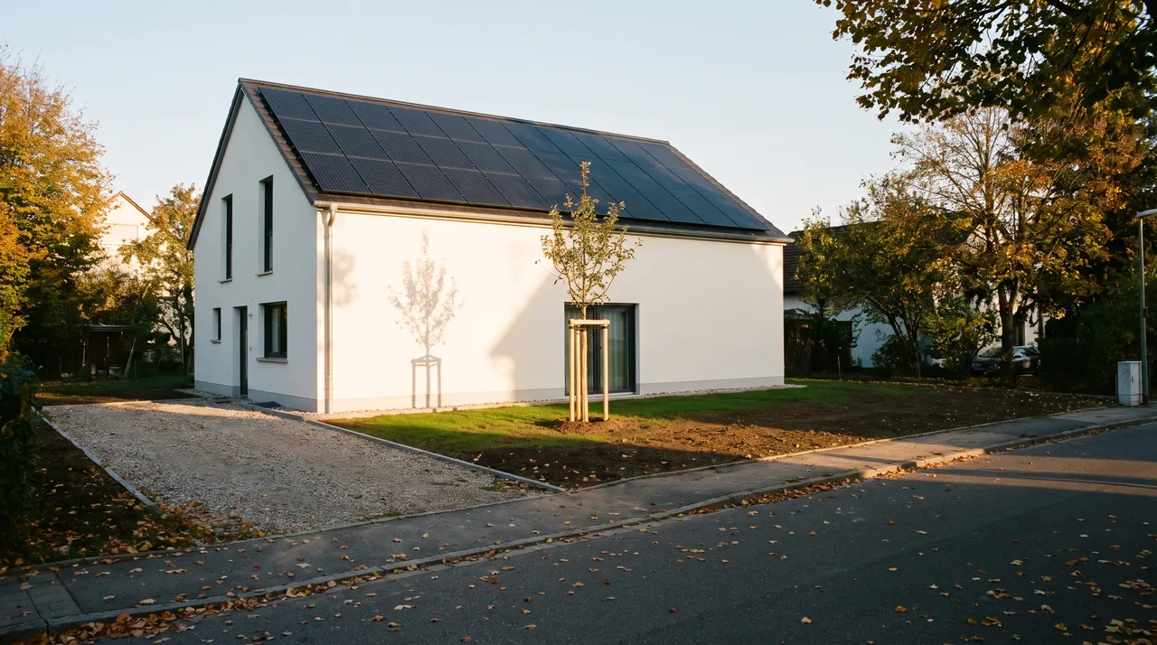 Neubau mit Solaranlage auf dem Dach und jungem Baum im Garten