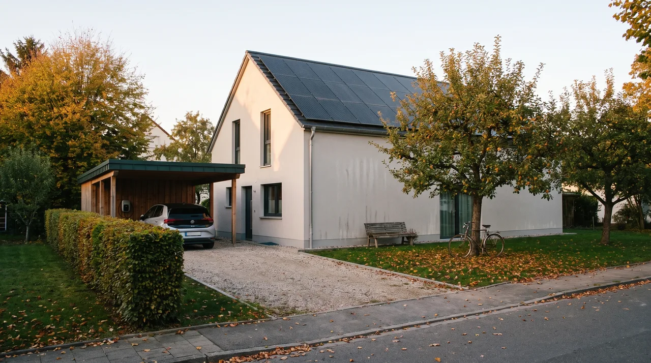 Dasselbe Haus zwanzig Jahre später mit Carport, E-Auto und ausgewachsenen Bäumen