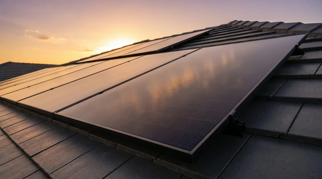 Schwarze Solarmodule auf einem Ziegeldach im Abendlicht